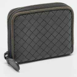 Pre Owned Bottega Veneta Grey Intrecciato Leather Zipped Coin Purse