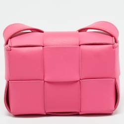 Pre Owned Bottega Veneta Pink Intreccio Leather Mini Cassette Shoulder Bag