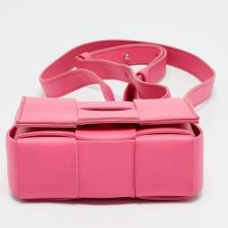 Pre Owned Bottega Veneta Pink Intreccio Leather Mini Cassette Shoulder Bag