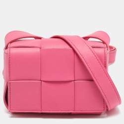 Pre Owned Bottega Veneta Pink Intreccio Leather Mini Cassette Shoulder Bag
