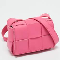 Pre Owned Bottega Veneta Pink Intreccio Leather Mini Cassette Shoulder Bag