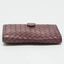 Pre Owned Bottega Veneta Burgundy Intrecciato Leather French Wallet