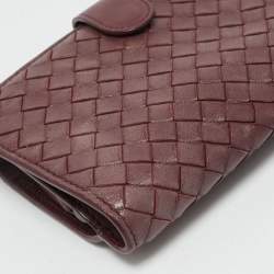 Pre Owned Bottega Veneta Burgundy Intrecciato Leather French Wallet