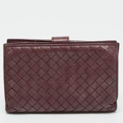 Pre Owned Bottega Veneta Burgundy Intrecciato Leather French Wallet