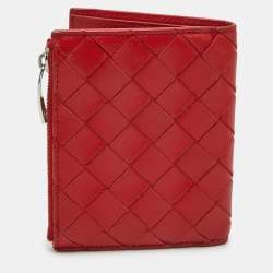Pre Owned Bottega Veneta Red Intrecciato Leather Zip Bifold Card Holder