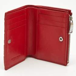 Pre Owned Bottega Veneta Red Intrecciato Leather Zip Bifold Card Holder