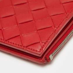 Pre Owned Bottega Veneta Red Intrecciato Leather Zip Bifold Card Holder