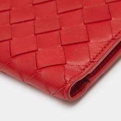 Pre Owned Bottega Veneta Red Intrecciato Leather Zip Bifold Card Holder