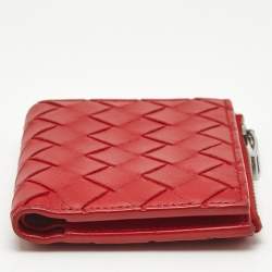 Pre Owned Bottega Veneta Red Intrecciato Leather Zip Bifold Card Holder