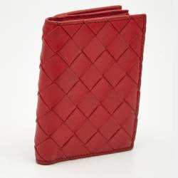 Pre Owned Bottega Veneta Red Intrecciato Leather Zip Bifold Card Holder