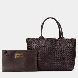 Pre Owned Bottega Veneta Brown Lambskin Intreccio Cabat Tote