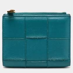 Pre Owned Bottega Veneta Blue Intrecciato Leather Cassette Bi-fold Zip Wallet