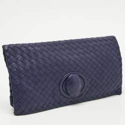 Pre Owned Bottega Veneta Blue Intrecciato Leather Twist Lock Flap Clutch