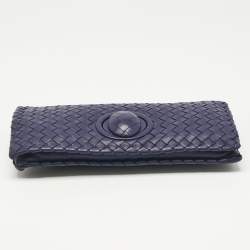 Pre Owned Bottega Veneta Blue Intrecciato Leather Twist Lock Flap Clutch