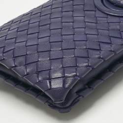 Pre Owned Bottega Veneta Blue Intrecciato Leather Twist Lock Flap Clutch