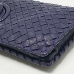 Pre Owned Bottega Veneta Blue Intrecciato Leather Twist Lock Flap Clutch