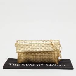 Pre Owned Bottega Veneta Gold Intrecciato Leather Flap Crossbody Bag