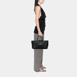 Pre Owned Bottega Veneta Black Medium Lambskin Intreccio Cabat Tote