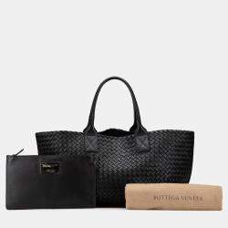 Pre Owned Bottega Veneta Black Medium Lambskin Intreccio Cabat Tote