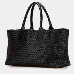 Pre Owned Bottega Veneta Black Medium Lambskin Intreccio Cabat Tote