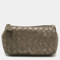 Pre Owned Bottega Veneta Gold/Brown Intrecciato Suede Pouch