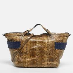 Pre Owned Bottega Veneta Cream/Blue Snakeskin Top Handle Bag
