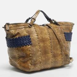Pre Owned Bottega Veneta Cream/Blue Snakeskin Top Handle Bag