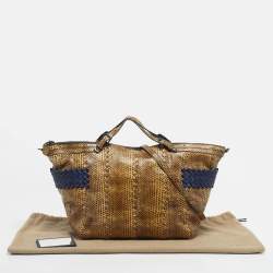 Pre Owned Bottega Veneta Cream/Blue Snakeskin Top Handle Bag