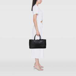 Pre Owned Bottega Veneta Black Medium Lambskin Intreccio Cabat Tote