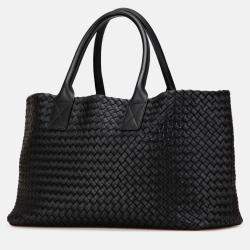 Pre Owned Bottega Veneta Black Medium Lambskin Intreccio Cabat Tote