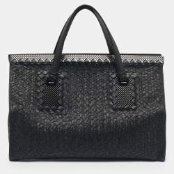 Pre Owned Bottega Veneta Black Embroidered Intrecciato Leather Frame Satchel