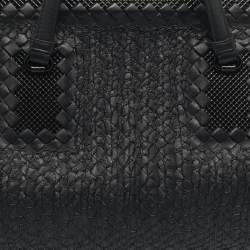 Pre Owned Bottega Veneta Black Embroidered Intrecciato Leather Frame Satchel
