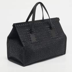 Pre Owned Bottega Veneta Black Embroidered Intrecciato Leather Frame Satchel