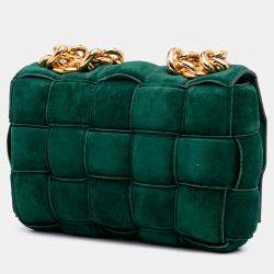 Pre Owned Bottega Veneta Green Suede Intrecciato Padded Chain Cassette Satchel