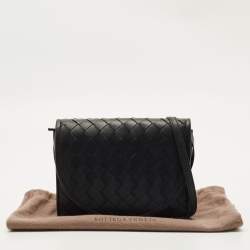 Pre Owned Bottega Veneta Black Intrecciato Leather Flap Crossbody Bag