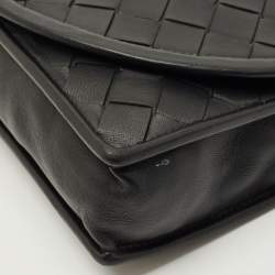 Pre Owned Bottega Veneta Black Intrecciato Leather Flap Crossbody Bag