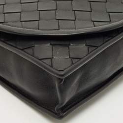 Pre Owned Bottega Veneta Black Intrecciato Leather Flap Crossbody Bag