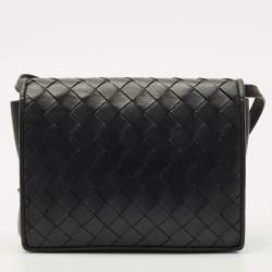 Pre Owned Bottega Veneta Black Intrecciato Leather Flap Crossbody Bag