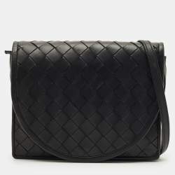 Pre Owned Bottega Veneta Black Intrecciato Leather Flap Crossbody Bag