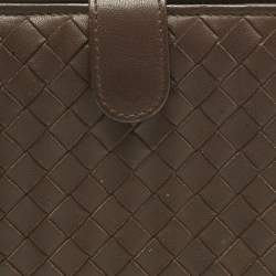 Pre Owned Bottega Veneta Dark Brown Intrecciato Leather French Wallet