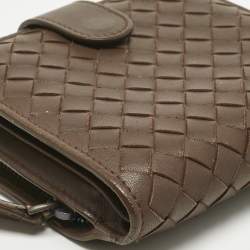 Pre Owned Bottega Veneta Dark Brown Intrecciato Leather French Wallet