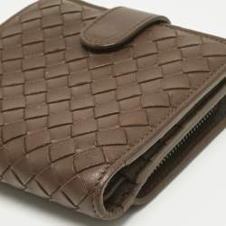 Pre Owned Bottega Veneta Dark Brown Intrecciato Leather French Wallet