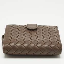 Pre Owned Bottega Veneta Dark Brown Intrecciato Leather French Wallet