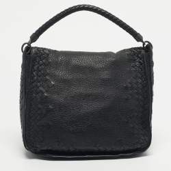 Pre Owned Bottega Veneta Black Intrecciato Leather Flap Hobo