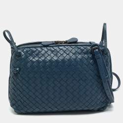 Pre Owned Bottega Veneta Navy Blue Intrecciato Leather Nodini Crossbody Bag