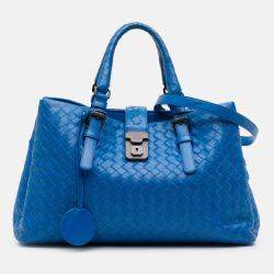 Pre Owned Bottega Veneta Blue Small Nappa Intrecciato Roma Satchel