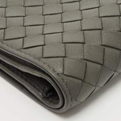 Pre Owned Bottega Veneta Grey Intrecciato Leather Flap French Wallet