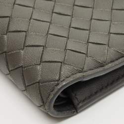 Pre Owned Bottega Veneta Grey Intrecciato Leather Flap French Wallet