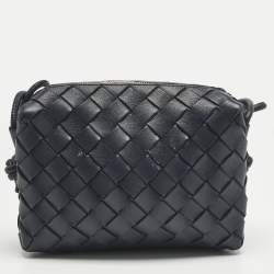 Pre Owned Bottega Veneta Dark Blue Intrecciato Leather Mini Loop Camera Crossbody Bag