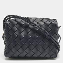 Pre Owned Bottega Veneta Dark Blue Intrecciato Leather Mini Loop Camera Crossbody Bag